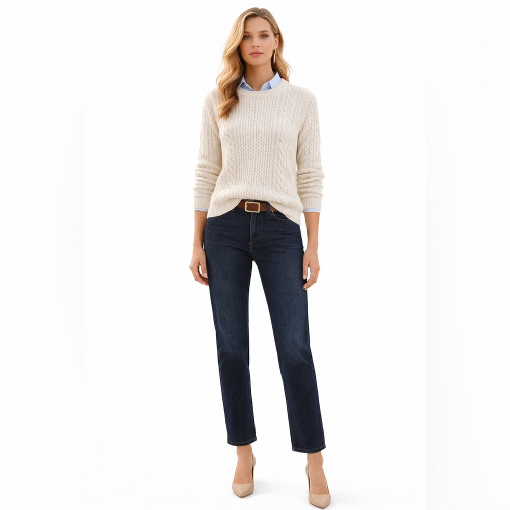 RW&CO Cream Cable Knit Sweater Classic Chunky Cotton Blend Preppy Quiet Luxury